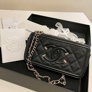 Chanel Filgree Clutch Wallet With Chain Black 20B